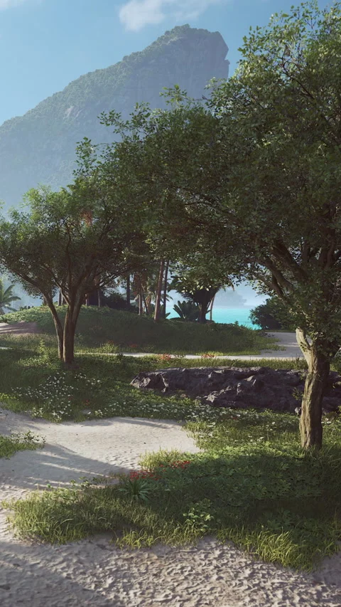 Walking path near the beach and hills in bright daylight with green trees Stock Footage 342109382