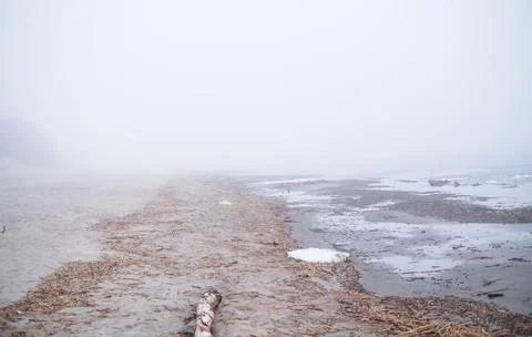 Walking path in the park during heavy fog. Weather conditions and changes Stock Photos