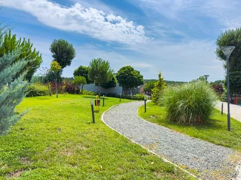 Walking path in a park with green grass and trees under a clear blue sky in.. Stock Photos
