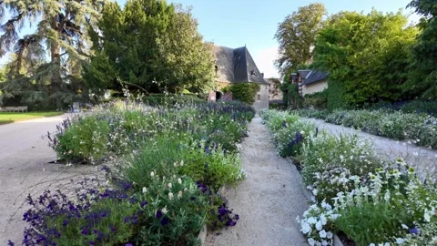 Walking path through Château de Chaumont-sur-Loire gardens surrounded by Stock Footage 346899595