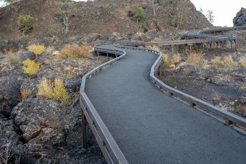 Walking path through a Lava field showing different types of lava flows Stock Photos
