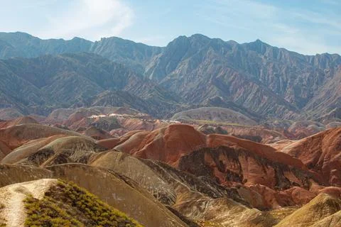 Walking path through Rainbow mountains in Zhangye Danxia National Geopark, .. Stock Photos