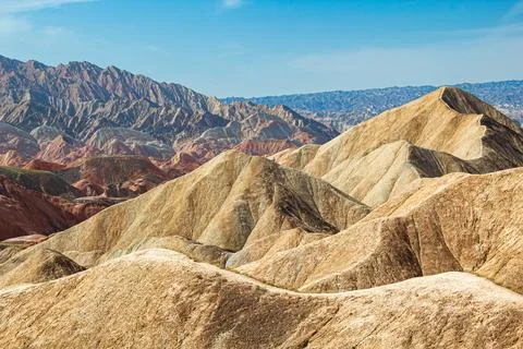 Walking path through Rainbow mountains in Zhangye Danxia Stock Photos