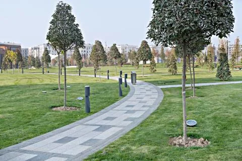 Walking paths in a city park with urban lights. Stock Photos