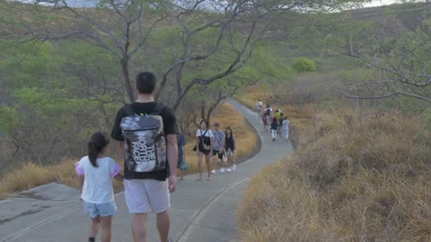 Walking On Paved Walking Trail In Diamond Head State Monument, Honolulu, Hawaii Stock Footage 154181210