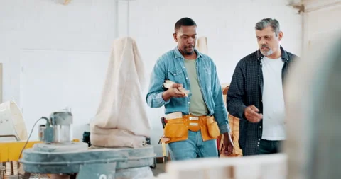 Walking, people or carpenter with tablet in workshop manufacturing or Stock Footage 263589003