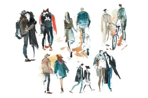 Walking people Outerwear Autumn Watercolor illustration Sketch drawing Stock Illustration