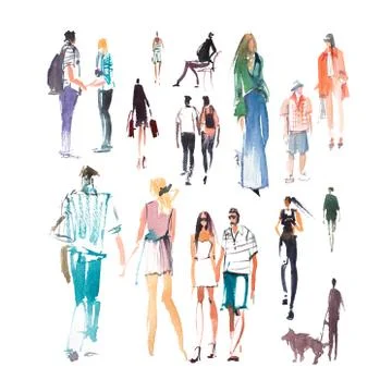 Walking people Watercolor illustration Quick sketch drawing, speed paint. Stock Illustration