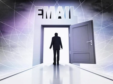 Walking person to get email behind magic doorway background illustration Ilustración de archivo