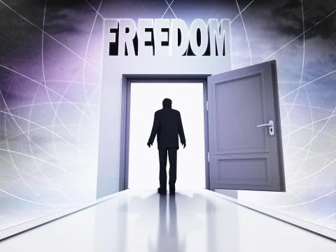 Walking person to get freedom behind magic doorway background illustration Ilustración de archivo