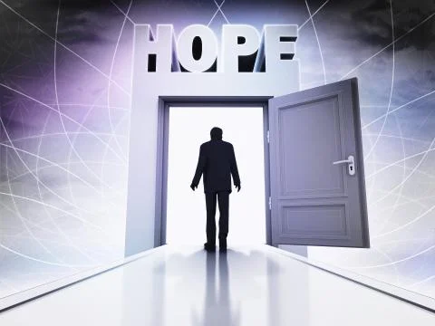 Walking person to get hope behind magic doorway background illustration Ilustración de archivo