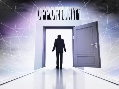 Walking person to get opportunity in magic doorway background illustration Ilustración de archivo