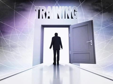 Walking person to have training behind magic doorway background illustration Illustrazione stock