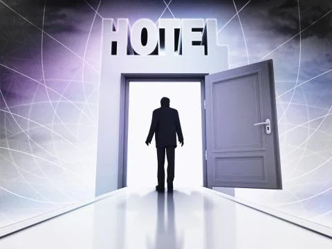 Walking person to hotel behind magic doorway background illustration Stock Illustration