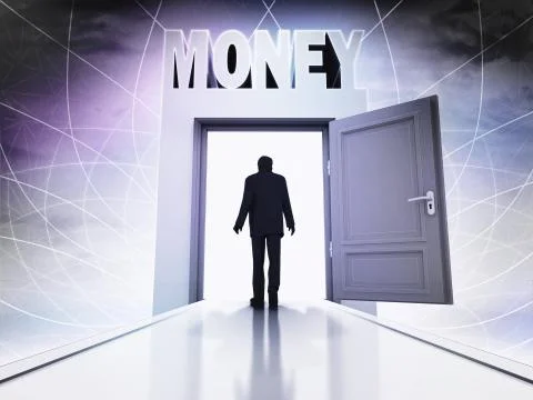 Walking person to make money in magic doorway background illustration Ilustración de archivo