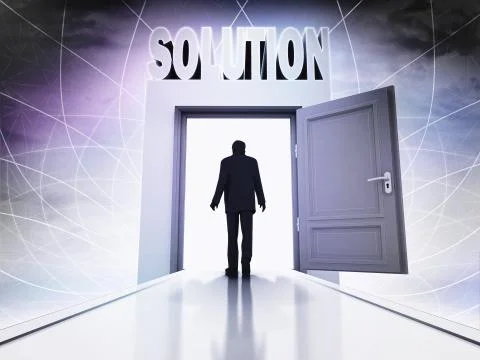 Walking person to reach solution behind magic doorway background illustration Illustrazione stock