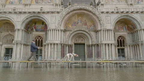 Walking platform in front of St. Mark’s Basilica during flood in Venice Stock Footage 149606407