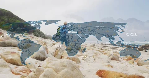Walking pole planting initiating map overlaying data as hiker mapping tech Stock Footage 327536262