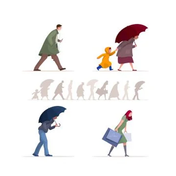 Walking in the rain set Stock Illustration
