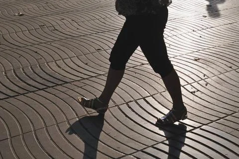 Walking Rambla wave pattern tiled pavement of famous La Rambla street in B... Stock Photos