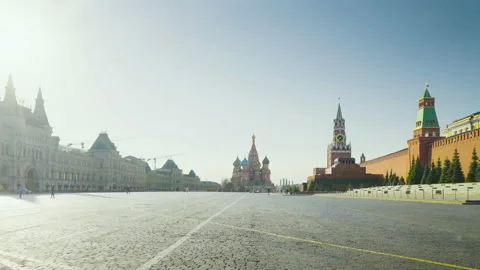 Walking at Red Square in Moscow. St. Basils Cathedral, Spasskaya Tower and th Stock Footage 159538786