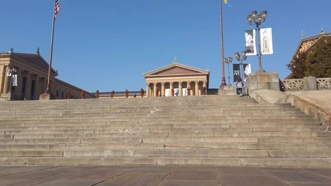 Walking up the Rocky steps stairs Philadelphia Museum of Art Stock Footage