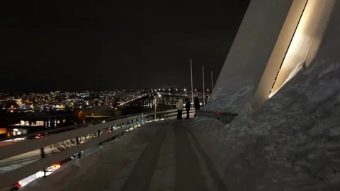 Walking round the side of the Arctic Cathedral in Tromso, Norway Stock Footage 301551903