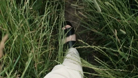 Walking in sandals in tall grass Stock Footage 157069321