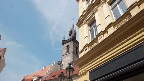 A walking shot down a old town Prague street looking up at the building facades Stock Footage 85365073