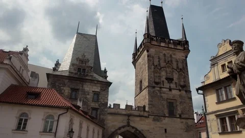 A walking shot down a old town Prague street looking up at the building facades Stock Footage 85365321