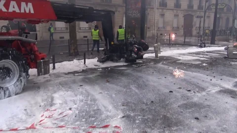 Walking shot through the devastated streets of Paris, France during protest Stock Footage 103182978