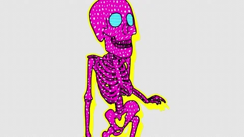 Walking skeleton in comic style, fluorescent textures and patterns. Halloween Stock Footage 136307406