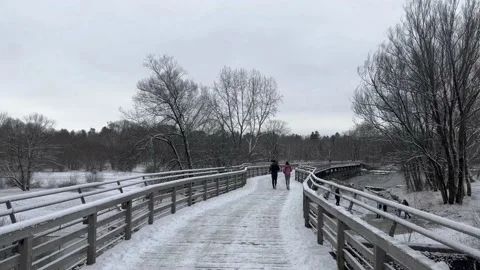Walking in a snowy bridge during a winter day Stock Footage 234120743