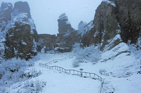 Walking up the snowy steps Stock Photos