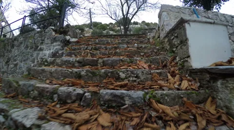 Walking on some stairs made of stone and covered with some dry leaves Stock Footage 48980302