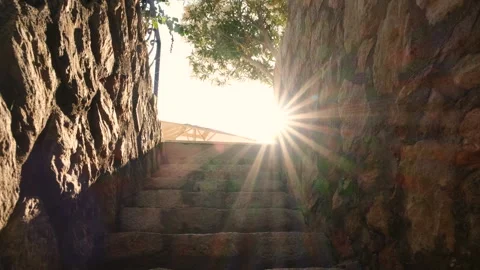 Walking up the stairs at an architectural site in Datca, Turkey Stock Footage 247720967