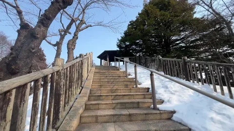 Walking Up Steps Toward Observation Pavilion Winter Hakodate Hokkaido Japan 動画素材 347124687