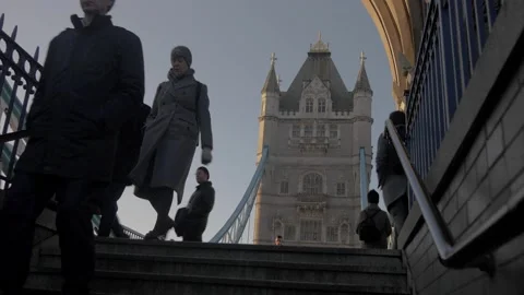 Walking Up Steps of Tower Bridge in London Stock Footage 145663182