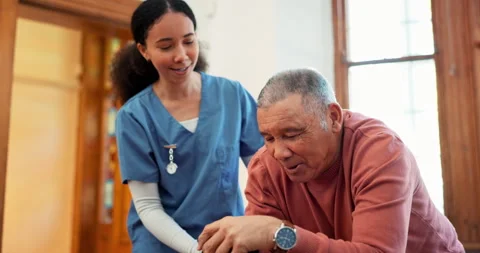 Walking stick, help or assistance with a nurse and old man on a sofa in the Stock Footage 255011916