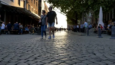 Walking street in old town in front of famous Brewpub in Düsseldorf, Germany. Stock Footage 140234530