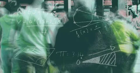 Walking students passing through academic corridor, with chalkboard math overlay 스톡 사진