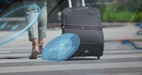 Walking with suitcase, person over digital interface showing data processing Stock Footage 329775788