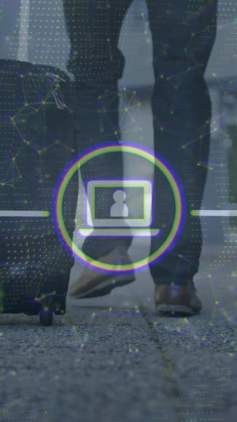 Walking with suitcase, person over digital network and security icons animation Video stock 343615885