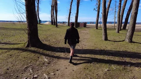 Walking on a sunny day at the beach with trees and clear sky in the background Stock-Footage 332527748