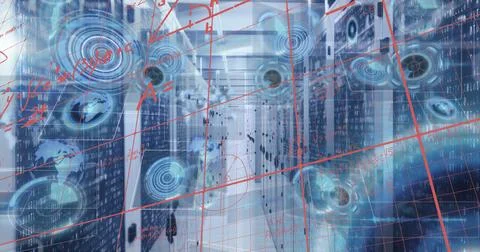 Walking tech team navigating narrow server corridor, displaying red grid overlay 스톡 사진