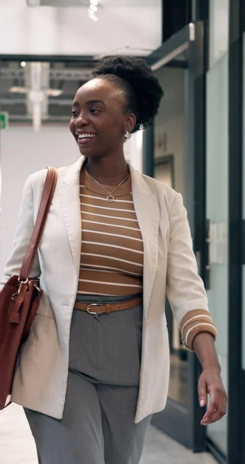 Walking, thinking and happy with business black woman in office for travel Stock Footage 340900029