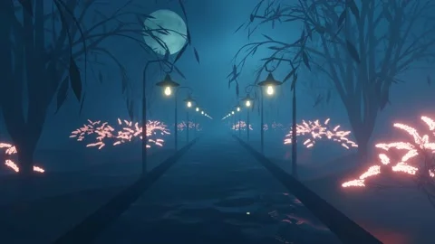 Walking through an abstract foggy surreal park. Seamless looping Stock Footage