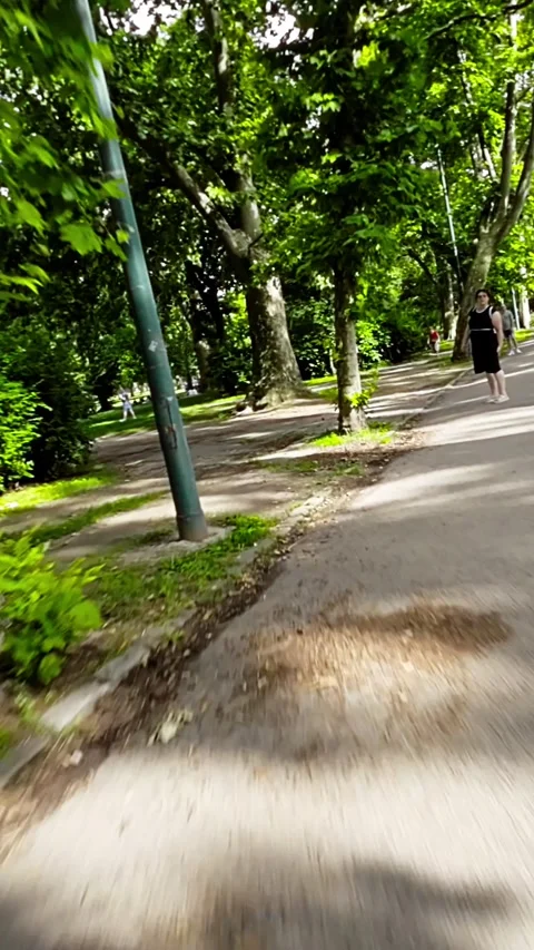 Walking Through a Beautiful Park with Lush Greenery and Modern Architecture Stock Footage 280326504