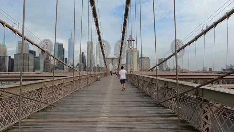 Walking Through A Cable-stayed Bridge Of Brooklyn In New York City, New Stock Footage 217746810