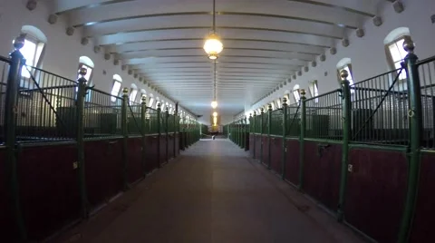 Walking through clean organized horse stable interior showing separate stalls 4k Video stock 59243162